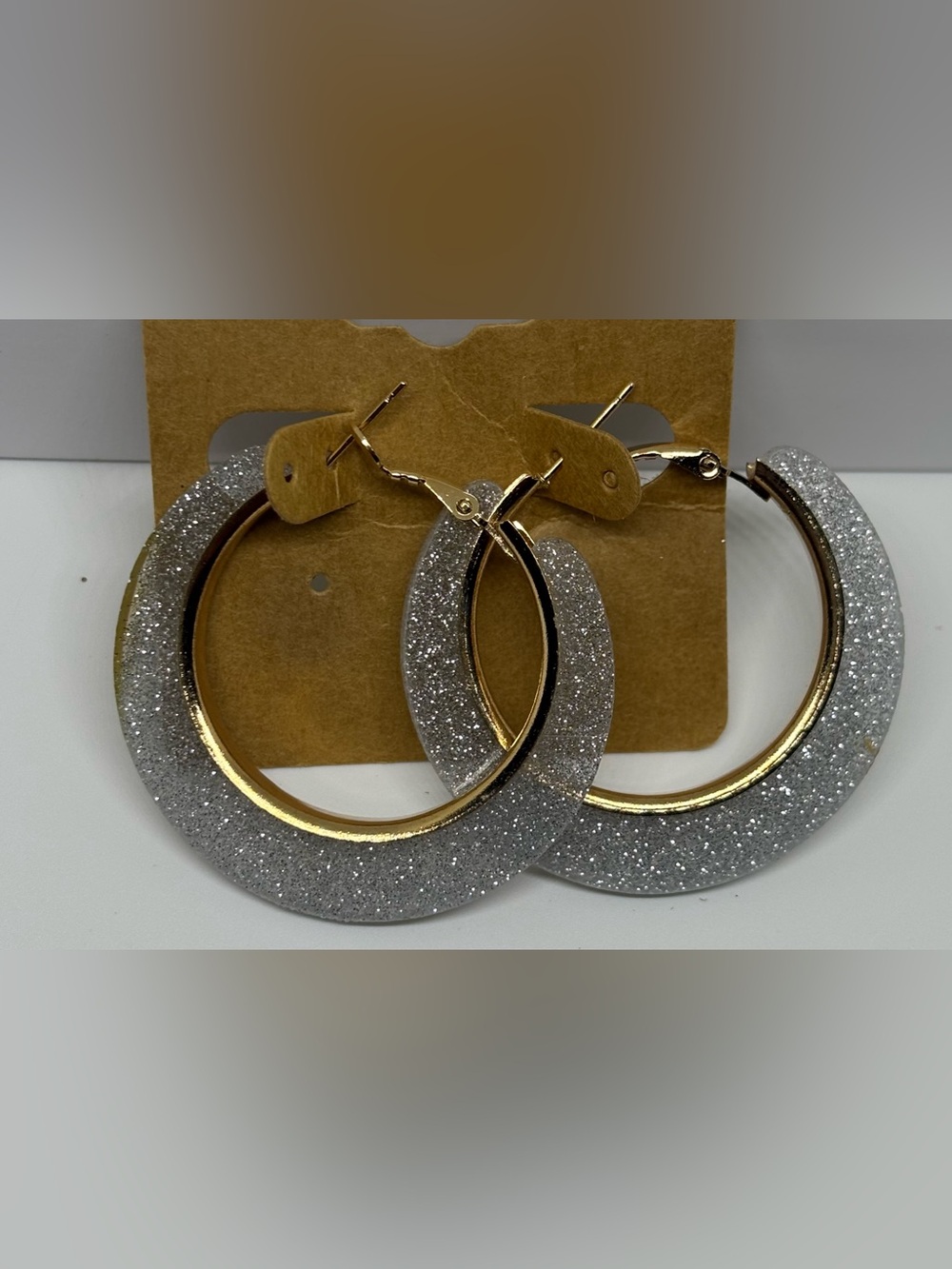 Silver Glitter Hoop Earrings with Gold Inside Outline & Hinge Back Acrylic